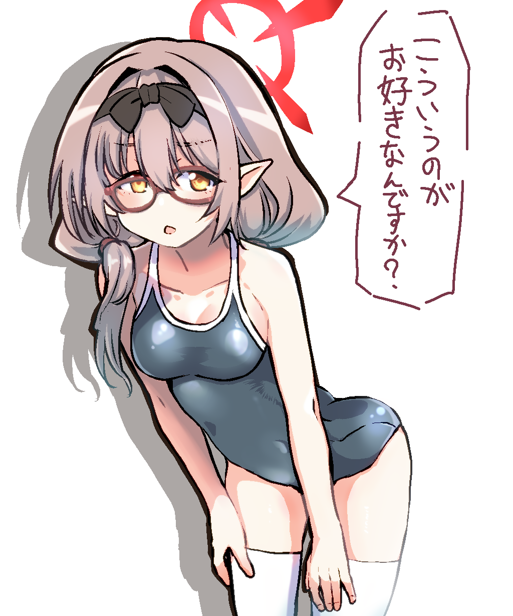1girl blue_archive chinatsu_(blue_archive) glasses halo highres japanese_text mengnaidu one-piece_swimsuit sleeveless solo swimsuit thighhighs white_background white_thighhighs