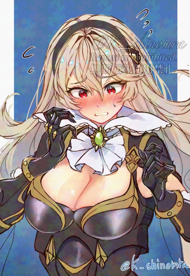 1girl armor artist_name black_hairband blue_background blush breasts cape cleavage commentary_request corrin_(female)_(fire_emblem) corrin_(female)_(nohr_noble)_(fire_emblem) fire_emblem fire_emblem_fates fire_emblem_heroes flying_sweatdrops furrowed_brow gem green_gemstone grey_hair hair_between_eyes hairband karashino large_breasts long_hair nintendo official_alternate_costume outside_border pillarboxed red_eyes solo sweat twitter_username watermark