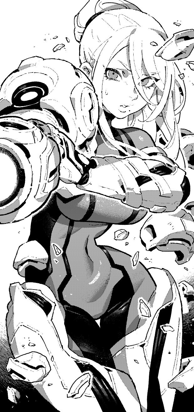 1girl aiming arm_cannon armor bodysuit breasts covered_navel cowboy_shot floating_hair greyscale hair_between_eyes highres ireading large_breasts long_hair looking_at_viewer metroid mole mole_under_mouth monochrome nintendo outstretched_arm parted_lips ponytail power_armor power_suit_(metroid) samus_aran shards simple_background skin_tight solo standing thigh_gap weapon zero_suit