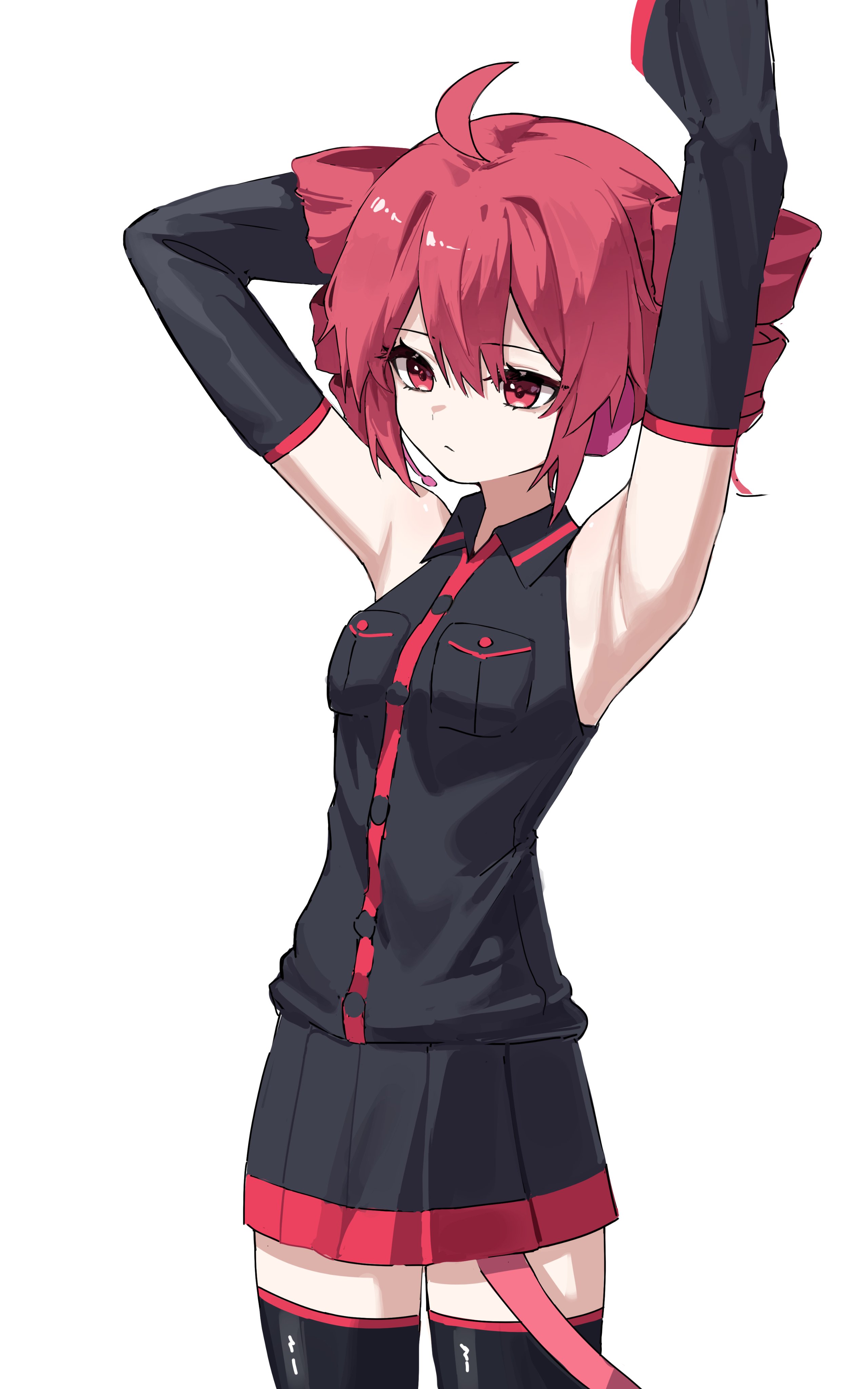 1girl absurdres ahoge armpits arms_up bare_shoulders belt black_skirt black_sleeves black_thighhighs breast_pocket breasts buttons closed_mouth double-parted_bangs drill_hair hair_between_eyes headphones highres hu2924 kasane_teto kasane_teto_(utau) pocket red_belt red_eyes red_hair red_skirt simple_background skirt skirt_set sleeves_past_fingers sleeves_past_wrists small_breasts solo standing thighhighs twin_drills utau very_long_sleeves white_background zettai_ryouiki