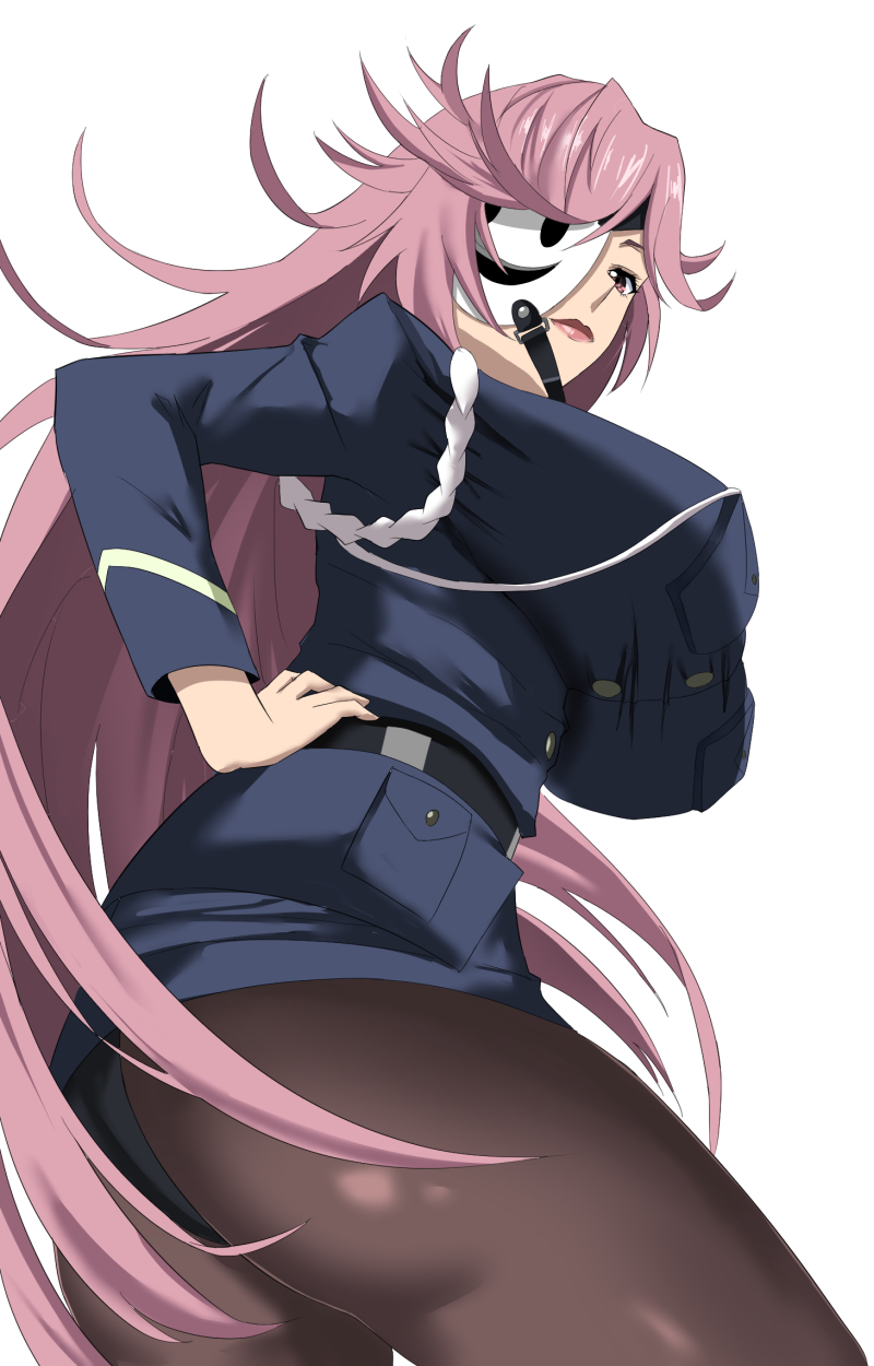 1girl ass belt breasts buttons from_below hand_on_own_hip highres huge_breasts kusakabe_yayoi lips mask mature_female pantyhose pink_hair pocket red_lips strap takara_joney tenkuu_shinpan unworn_mask