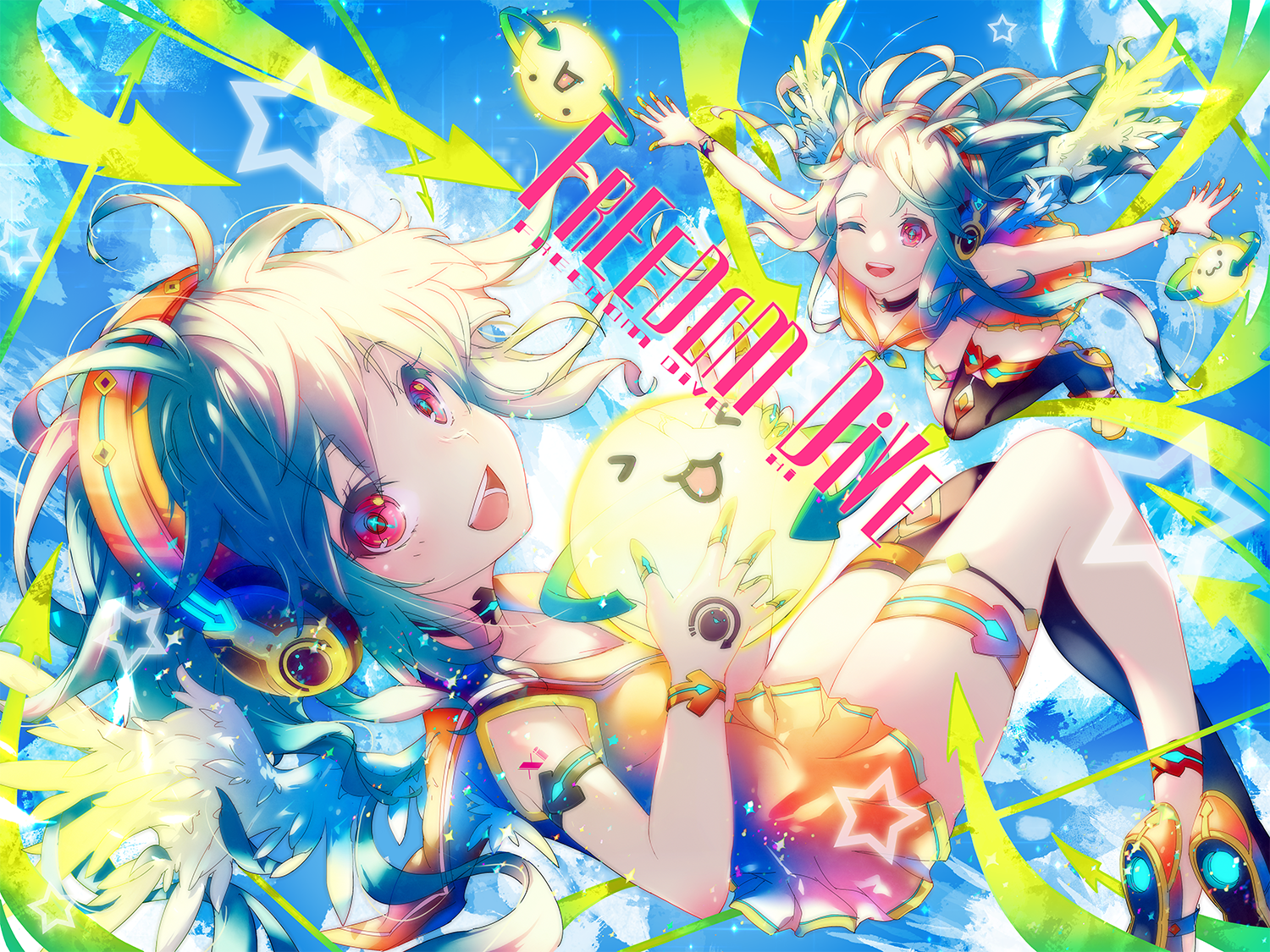 2girls :3 :d arrow_(symbol) black_thighhighs blue_sky breasts chunithm cleavage cloud commentary cross-shaped_pupils cytus dress dual_persona falling feathered_wings feathers freedom_dive full_body green_hair green_wings headphones long_hair looking_at_viewer medium_hair multiple_girls official_art one_eye_closed open_mouth orange_dress orange_shoes pleated_dress red_eyes ryori shoes short_dress single_thighhigh sky sky_feather_(chunithm) sleeveless sleeveless_dress small_breasts smile star_(symbol) symbol-shaped_pupils teeth thigh_strap thighhighs upper_teeth_only wind wings