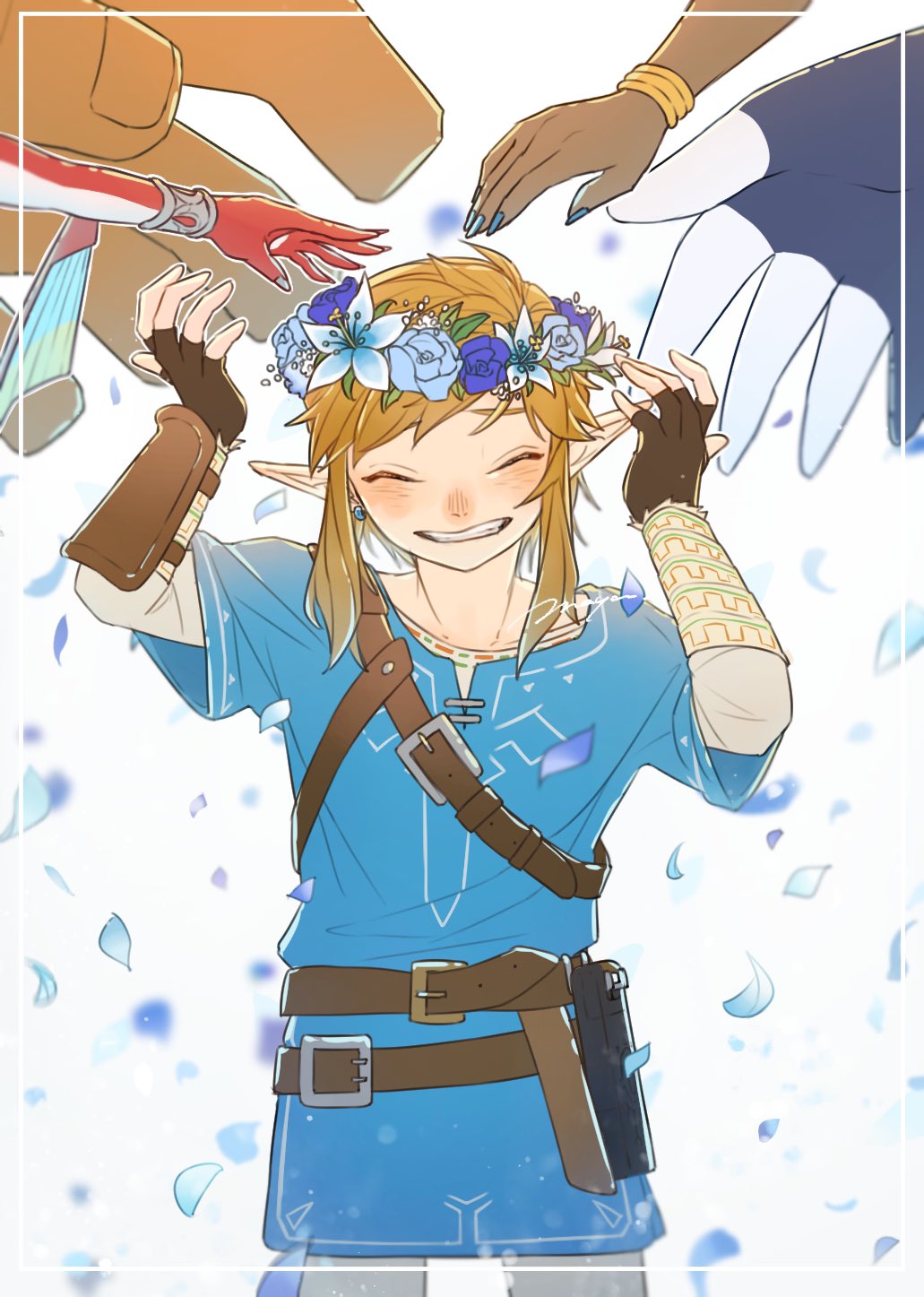 2girls 3boys anniversary belt belt_buckle bird_boy blonde_hair blue_nails blue_petals blue_tunic bracelet bracer brown_belt brown_gloves buckle champion&#039;s_tunic_(zelda) closed_eyes commentary_request cowboy_shot dark-skinned_female dark_skin daruk falling_petals feet_out_of_frame fingerless_gloves fish_girl flower_wreath gerudo gloves goron grin head_wreath highres jewelry layered_sleeves light_blush link long_sleeves male_focus maya_(mayamayammy) mipha multiple_belts multiple_boys multiple_girls nintendo petals pointy_ears revali rito short_over_long_sleeves short_sleeves shoulder_belt sidelocks signature smile solo_focus standing the_legend_of_zelda the_legend_of_zelda:_breath_of_the_wild tunic urbosa zora