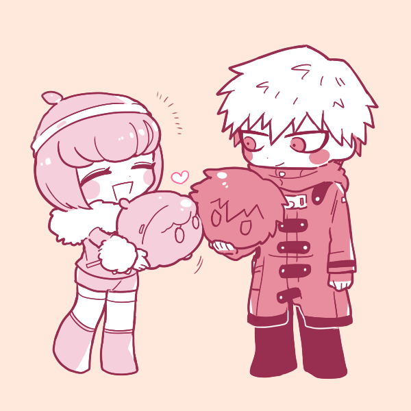 1boy 1girl :d ando_ruruka black_pants blush_stickers boots brown_background chibi closed_eyes danganronpa_(series) danganronpa_3_(anime) full_body fur_collar hat heart holding izayoi_sounosuke jacket long_sleeves looking_at_another notice_lines open_mouth pants red_jacket shimada_(dmisx) simple_background smile