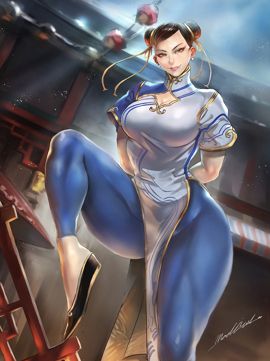 1girl arms_behind_back black_footwear blue_pants breasts brown_eyes brown_hair capcom china_dress chinese_clothes chun-li cleavage cleavage_cutout clothing_cutout double_bun dress earrings eyeshadow hair_bun hair_ribbon highres jewelry knee_up lantern lantern_festival leggings light_particles light_rays lipstick looking_at_viewer madowl makeup medium_breasts pants paper_lantern ribbon short_sleeves signature sky_lantern street_fighter street_fighter_6 thick_thighs thighs white_dress yellow_ribbon