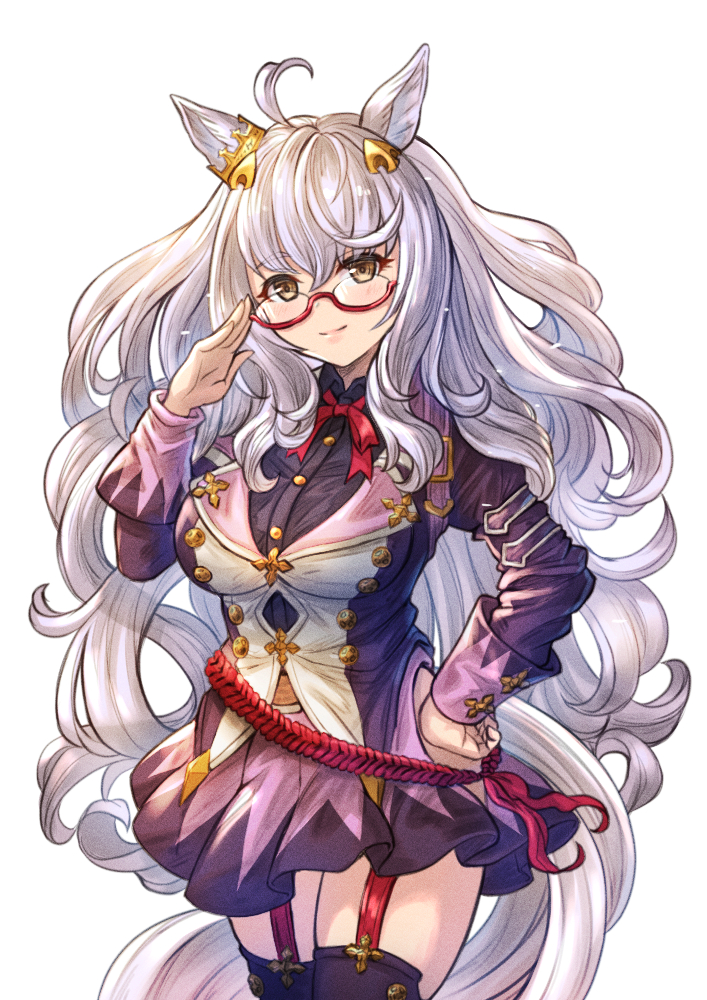 1girl adjusting_eyewear ahoge animal_ears biwa_hayahide_(umamusume) breasts buttons closed_mouth commentary_request cowboy_shot double-breasted ear_ornament grey_hair hair_ornament hand_on_own_hip horse_ears horse_girl horse_tail jacket long_hair looking_at_viewer medium_breasts purple_jacket purple_skirt red-framed_eyewear semi-rimless_eyewear simple_background skirt smile solo tail umamusume white_background yakkuro yellow_eyes