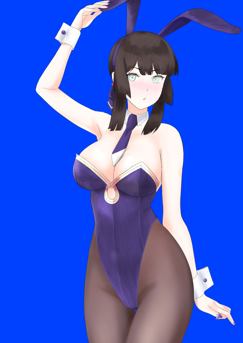 1girl animal_ears arm_up armpits black_pantyhose blue_background blue_leotard blue_ribbon blunt_sidelocks blush breasts brown_hair cleavage collar cyan_eyes detached_collar fake_animal_ears freckles hair_ribbon highleg highleg_leotard kantai_collection large_breasts leotard long_hair mogador_(kancolle) nail_polish necktie open_mouth pantyhose playboy_bunny ribbon solo strapless strapless_leotard striped_necktie takase_asagiri white_collar wrist_cuffs