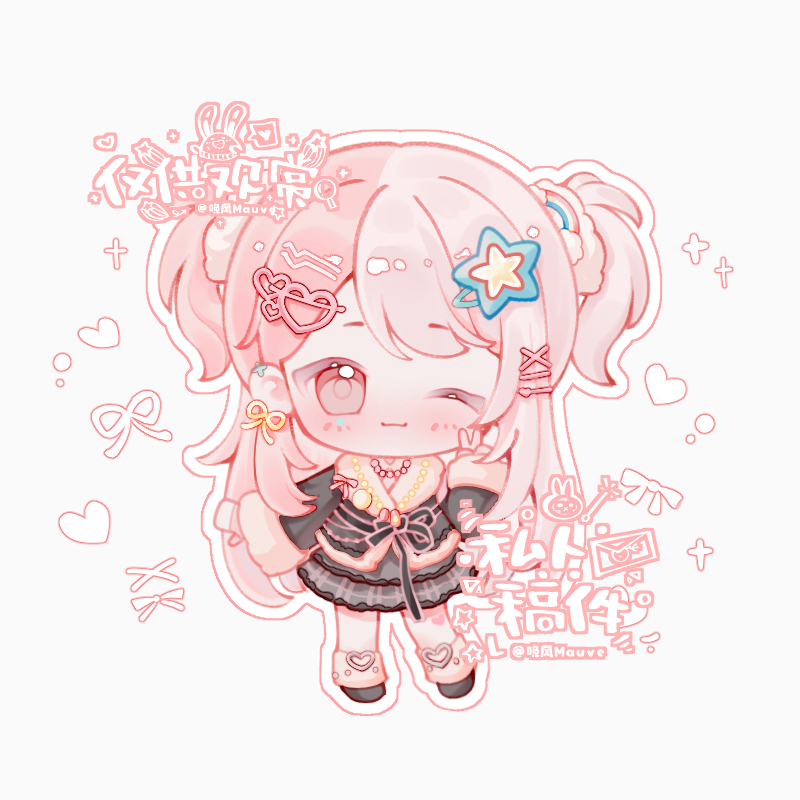 1girl artist_name bead_necklace beads black_jacket black_ribbon black_shoes blush bow bowtie chibi chinese_commentary closed_mouth commentary_request commission ear_piercing earrings frilled_skirt frills fur-trimmed_jacket fur-trimmed_sleeves fur_leg_warmers fur_trim grey_background grey_skirt gyaru hair_ornament hair_scrunchie hairclip happy heart heart_hair_ornament infinity_nikki jacket jewelry leg_warmers long_hair long_sleeves looking_at_viewer mauve_wanfeng miniskirt multicolored_hair necklace nikki_(series) one_eye_closed outline parallel_hairclips piercing pink_bow pink_bowtie pink_eyes pink_hair pink_leg_warmers plaid_clothes plaid_skirt rainbow_hair ribbon ribbon_earrings rosie_sweetheart_(infinity_nikki) sample_watermark scrunchie shoes simple_background single_earring skirt sleeves_past_wrists smile solo split-color_hair star_(symbol) star_hair_ornament straight_hair two_side_up v very_long_hair waist_ribbon watermark white_outline white_scrunchie x_hair_ornament y2k_fashion yellow_ribbon