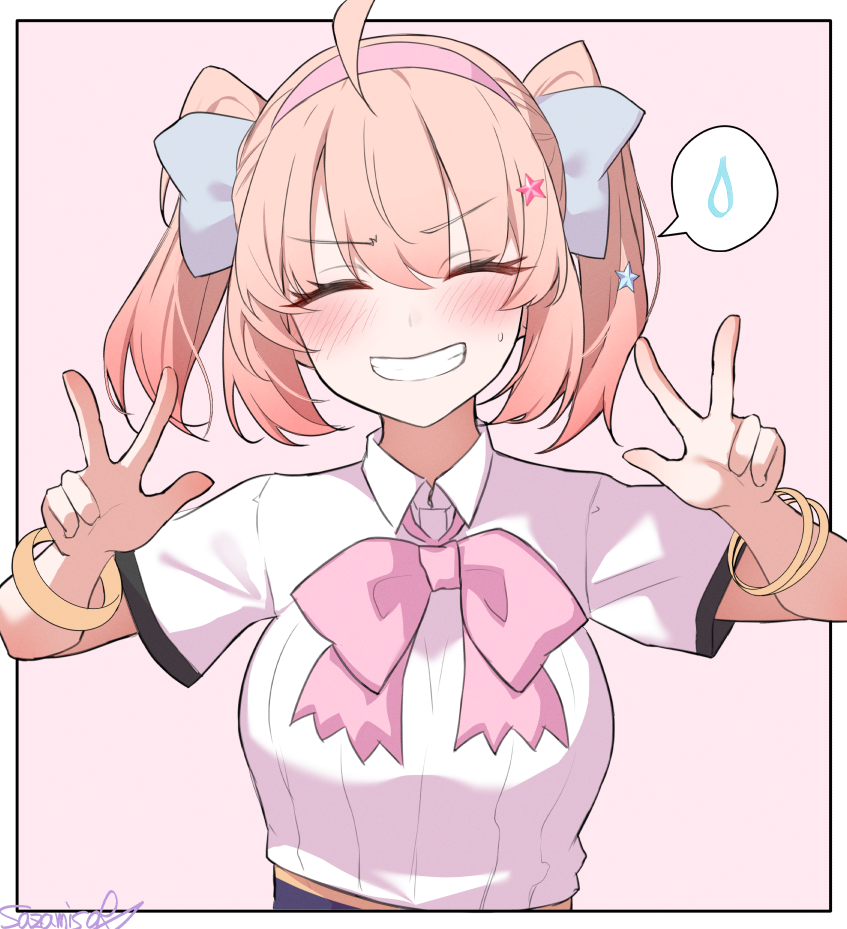 1girl :d blue_bow blush bow bowtie bracelet chieru_(princess_connect!) closed_eyes collared_shirt double_w facing_viewer grin hair_between_eyes hair_bow inset_border jewelry multiple_bracelets open_mouth orange_hair pink_bow pink_bowtie princess_connect! sazamiso_rx shirt short_hair short_sleeves short_twintails signature smile solo spoken_sweatdrop straight-on sweatdrop teeth twintails upper_body v-shaped_eyebrows w white_shirt