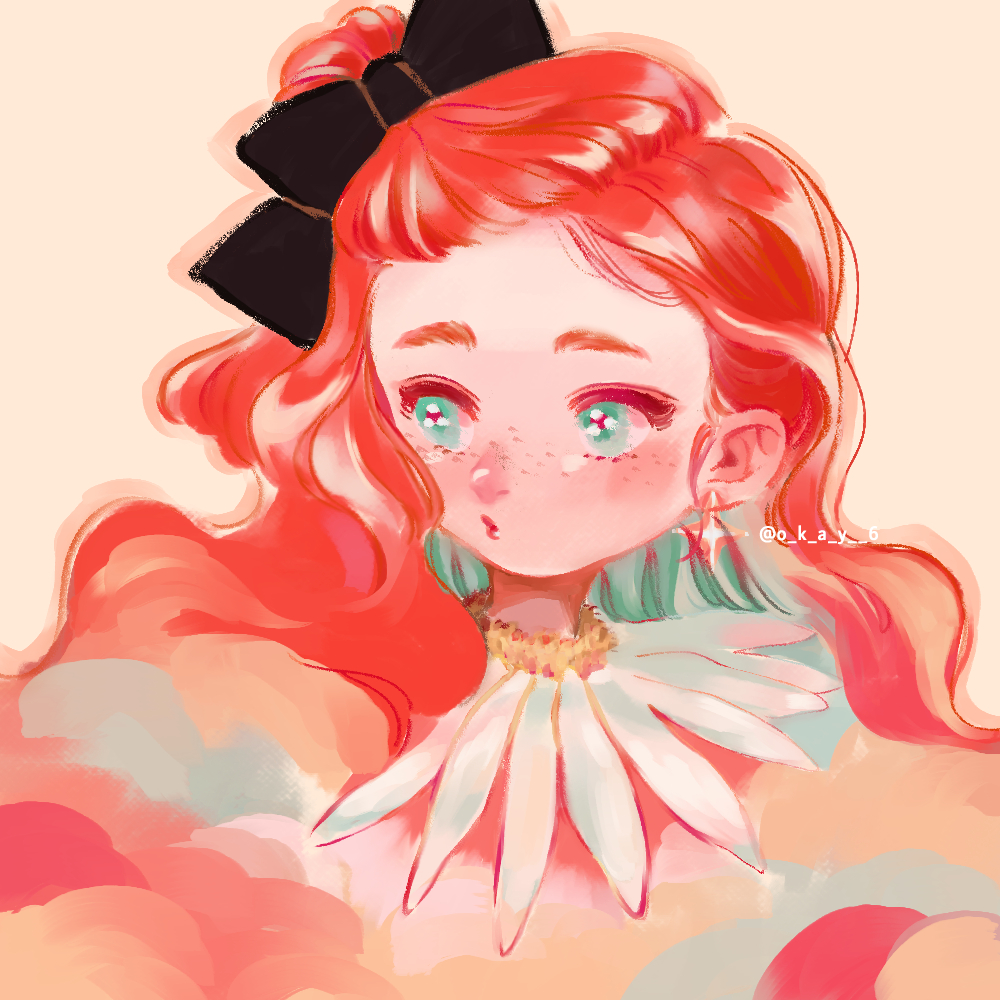 1girl black_bow bow earrings eyelashes freckles green_eyes hair_bow jewelry lips looking_afar looking_to_the_side makeup oka-easelandshiro original portrait red_hair red_lips rouge_(makeup) simple_background solo square twitter_username variant_set