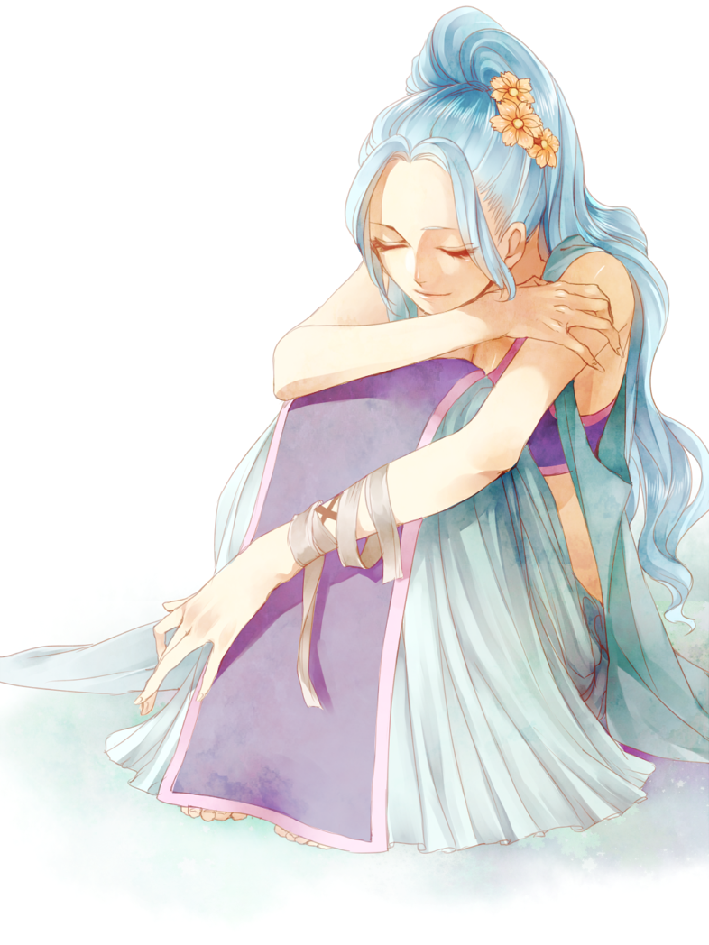 1girl akizuki_hakuto alabasta bare_shoulders barefoot blue_hair breasts calm cleavage closed_eyes feet female_focus full_body long_hair nefertari_vivi one_piece pale_skin ponytail princess sitting sleeveless solo toes x_(symbol)