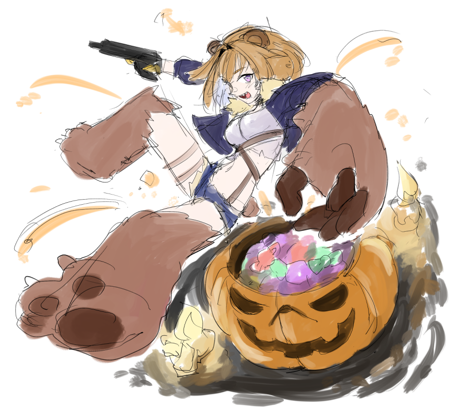 animal_ears bear_ears candle candy food girls&#039;_frontline gloves grizzly_mkv_(girls&#039;_frontline) gun halloween_bucket halloween_costume handgun jacket l.a.r._manufacturing lar_grizzly_win_mag open_mouth purple_eyes sharp_teeth short_shorts shorts simple_background smile tarutaru_gungun teeth weapon