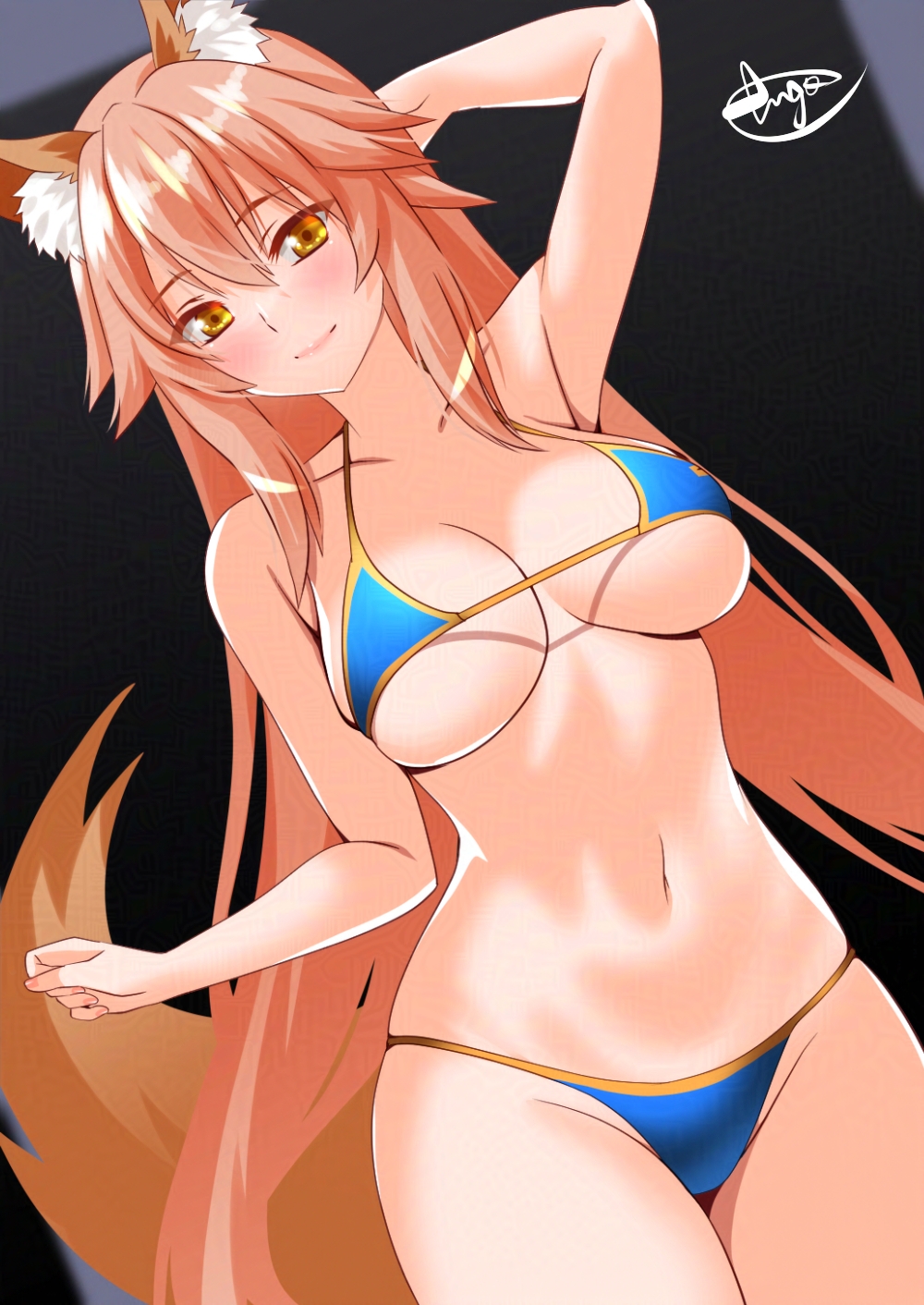 1girl animal_ear_fluff animal_ears bare_shoulders bikini blue_bikini blush breasts cleavage collarbone engo_(aquawatery) fate/grand_order fate_(series) fox_ears fox_girl fox_tail highres large_breasts long_hair looking_at_viewer navel pink_hair sidelocks smile solo swimsuit tail tamamo_(fate) tamamo_no_mae_(fate) tamamo_no_mae_(swimsuit_lancer)_(fate) thighs yellow_eyes