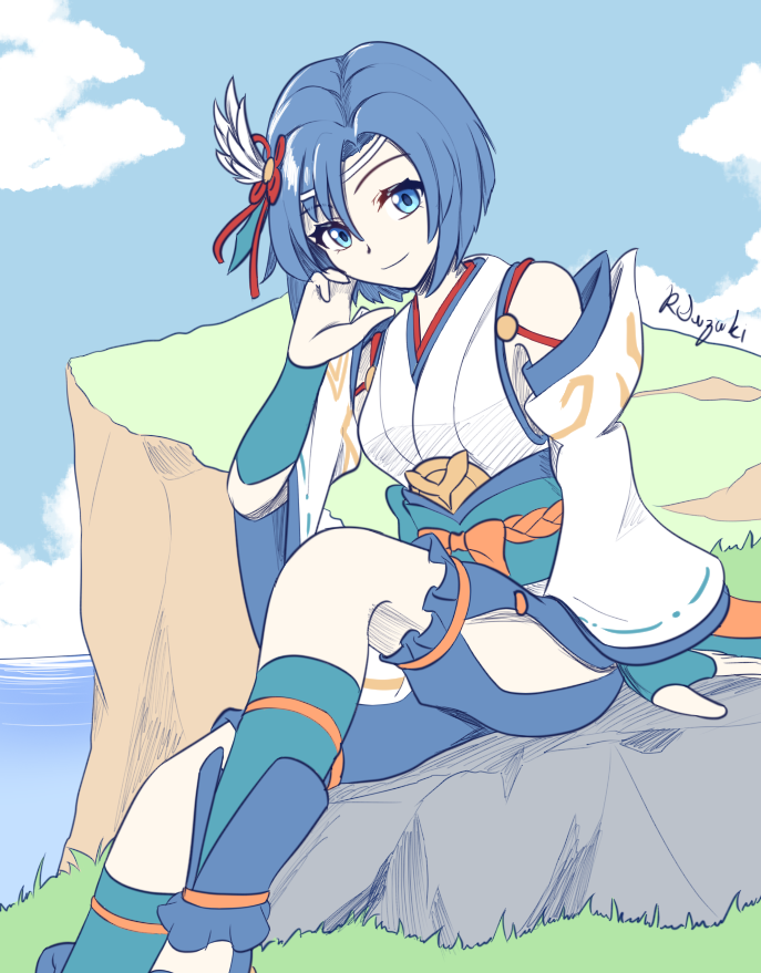 1girl blue_eyes blue_hair blue_sky catria_(fire_emblem) catria_(winds_offered)_(fire_emblem) closed_mouth commentary detached_sleeves english_commentary feather_hair_ornament feathers fire_emblem fire_emblem:_mystery_of_the_emblem fire_emblem_heroes hair_between_eyes hair_ornament japanese_clothes long_sleeves looking_at_viewer nintendo official_alternate_costume outdoors ryo-suzuki short_hair signature sitting sky smile solo