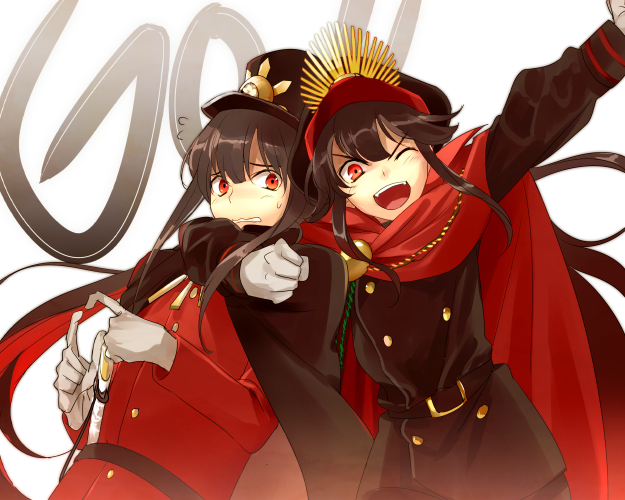 1boy 1girl belt black_cape black_hair black_hat black_jacket black_pants breasts buttons cape chain echo_(circa) fate/grand_order fate_(series) gloves hat jacket koha-ace long_hair long_sleeves looking_at_viewer medallion military military_hat military_uniform oda_nobukatsu_(fate) oda_nobunaga_(fate) oda_nobunaga_(koha-ace) oda_uri one_eye_closed open_mouth pants peaked_cap popped_collar red_cape red_eyes red_jacket sidelocks small_breasts smile white_background white_gloves
