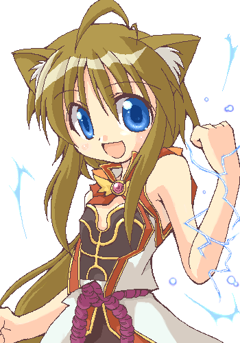 1girl 2000s_(style) :d ahoge animal_ear_fluff animal_ears black_shirt blue_eyes brown_hair cat_ears cat_girl clenched_hands coat commentary_request electricity electrokinesis flat_chest grin long_hair looking_at_viewer lowres monk_(ragnarok_online) oekaki open_clothes open_coat open_mouth ragnarok_online shirokuro_(lapinnoir) shirt simple_background sleeveless sleeveless_coat smile solo upper_body white_background white_coat