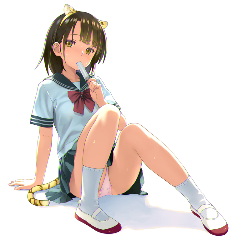 1girl animal_ear_hairband animal_ears arm_support averting_eyes bare_legs black_sailor_collar black_skirt blunt_bangs bow bowtie brown_eyes brown_hair commentary_request eating fake_animal_ears food food_in_mouth hairband holding holding_food holding_popsicle knees_together_feet_apart knees_up koutaro legs medium_hair original panties pantyshot pink_panties pleated_skirt popsicle popsicle_in_mouth red_bow red_bowtie sailor_collar school_uniform serafuku shoes short_sleeves sitting skirt socks solo sweat tail tiger_ears tiger_tail underwear white_background white_serafuku white_shoes white_socks