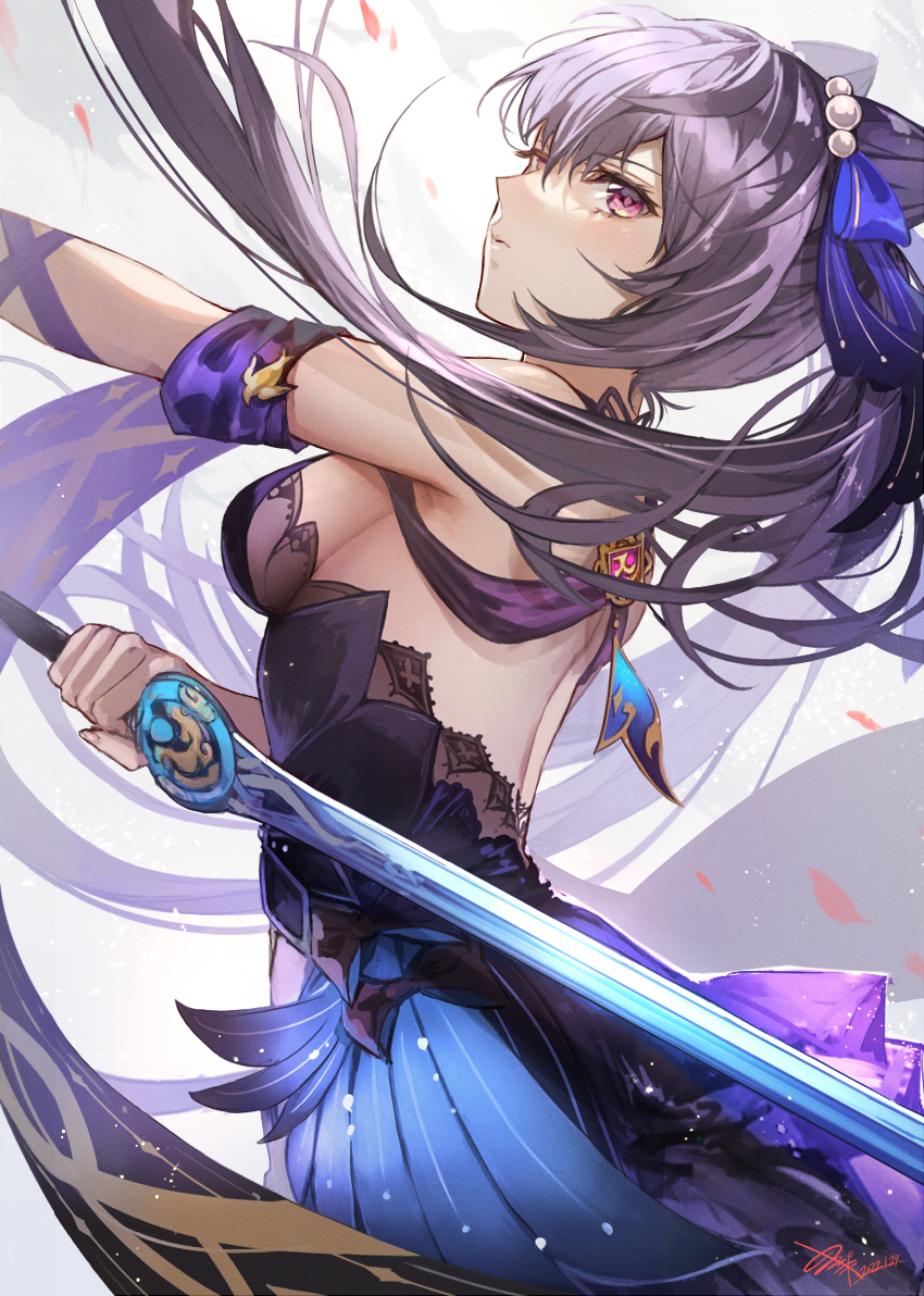 1girl arm_across_waist arm_garter bare_shoulders beads black_bow black_dress black_ribbon blue_ribbon blush border bow breasts bug butterfly chinese_commentary cleavage closed_mouth commentary_request cone_hair_bun cowboy_shot detached_collar diamond-shaped_pupils diamond_(shape) dress earrings from_side genshin_impact glint gradient_background grey_background hair_between_eyes hair_bun hair_ribbon head_tilt holding holding_sword holding_weapon insect jewelry keqing_(genshin_impact) keqing_(opulent_splendor)_(genshin_impact) lips long_hair looking_at_viewer medium_breasts nijihayashi official_alternate_costume parted_lips pearl_hair_ornament petals pleated_dress purple_eyes purple_hair ribbon serious sideboob solo standing strapless strapless_dress sword symbol-shaped_pupils twintails two_side_up weapon wrist_ribbon