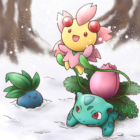 :d bud cherrim cherrim_(sunshine) commentary_request fang game_freak gen_1_pokemon gen_4_pokemon holding holding_pokemon ivysaur leaf lowres mikumo_a nintendo no_humans oddish open_mouth partially_buried plant pokemon pokemon_(creature) pokemon_focus red_eyes smile snow snowing tree vines