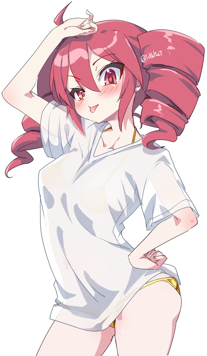 1girl ahoge arm_up bikini blush breasts clenched_hand collarbone cowboy_shot drill_hair hair_between_eyes hand_on_own_hip kasane_teto kouki_kuu looking_at_viewer medium_breasts red_eyes red_hair see-through_clothes shirt short_sleeves simple_background solo swimsuit tongue tongue_out twin_drills utau white_background white_shirt yellow_bikini