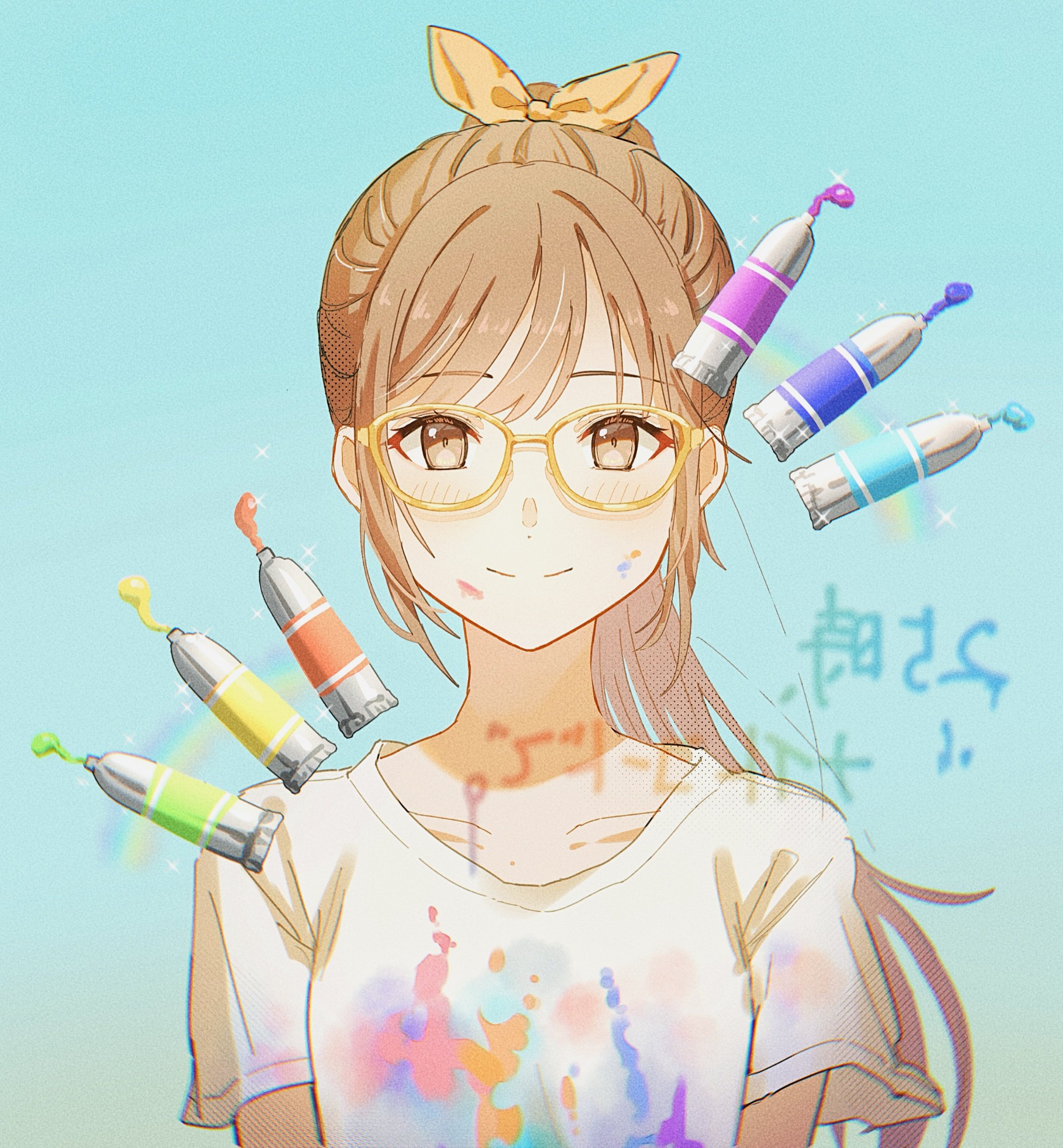 1girl arms_at_sides bespectacled bloom_festival_(project_sekai) blue_background blush bow breasts brown_eyes brown_hair collarbone commentary_request glasses hair_bow high_ponytail highres long_hair looking_at_viewer medium_breasts official_alternate_costume official_alternate_hair_length official_alternate_hairstyle orange_bow paint_splatter paint_splatter_on_face paint_tube ponytail project_sekai rainbow_order shinonome_ena shirt short_sleeves sidelocks smile solo swept_bangs tareme translation_request upper_body wado84692 white_shirt wide_sleeves
