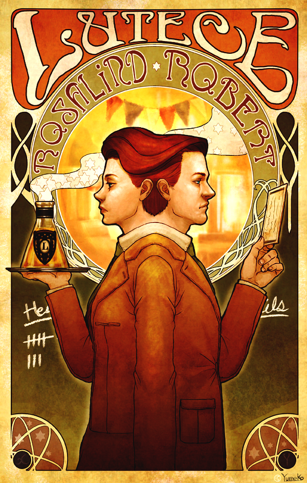 1boy 1girl art_nouveau artist_name bioshock bioshock_(series) bioshock_infinite card coat commentary_request english_text holding holding_card holding_tray looking_to_the_side orange_coat red_hair robert_lutece rosalind_lutece s-yumeko tray