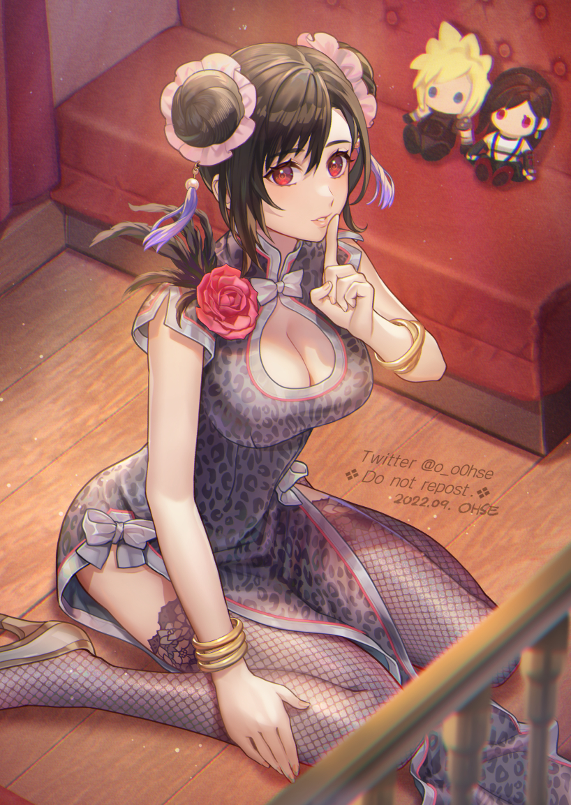 1girl alternate_costume animal_print asymmetrical_bangs bangle black_hair bracelet breasts carriage china_dress chinese_clothes cleavage cleavage_cutout clothing_cutout cloud_strife commentary double_bun dress english_commentary female_focus final_fantasy final_fantasy_vii final_fantasy_vii_remake finger_to_mouth finger_to_own_chin fishnet_thighhighs fishnets flower grey_dress grey_footwear hair_bun hair_ornament high_heels jewelry kneeling large_breasts leopard_print looking_at_viewer ohse parted_lips pelvic_curtain pumps red_eyes red_flower red_rose rose short_sleeves shushing solo square_enix stuffed_toy symbol-only_commentary tassel tassel_hair_ornament thighhighs tifa_lockhart tifa_lockhart_(sporty_dress) twitter_username wall_market