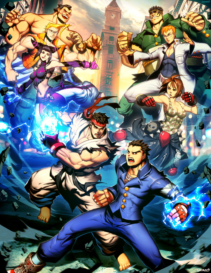 1990s_(style) 2girls 6+boys :p ahoge baggy_pants barefoot battle black_hair blonde_hair bracelet breasts brown_hair capcom charlie_nash city cleavage clock clock_tower company_connection crossover detached_sleeves dougi drill_hair e._honda electricity energy_ball eyebrows faceoff facepaint fighting_stance gakuran genzoman glasses gloves halterneck han_juri headband huge_ahoge ichimonji_batsu isurugi_gan jewelry justice_gakuen kagami_kyousuke kazama_akira large_breasts multiple_boys multiple_girls muscular nail_polish open_clothes open_vest orange_hair pants powering_up red_gloves retro_artstyle ryu_(street_fighter) school_uniform shiritsu_justice_gakuen short_twintails spiked_bracelet spiked_hair spikes street_fighter street_fighter_iv_(series) street_fighter_zero_(series) sumo tank_top thick_eyebrows toeless_legwear toenail_polish toenails toes tongue tongue_out topless_male tower twin_drills twintails v-neck vest