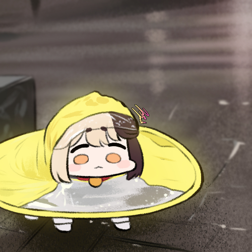 1girl :&lt; all_fours animal_ears blush_stickers brown_hair chibi collar dog_ears dog_girl hachiko_of_castling jazz_jack last_origin looking_at_viewer lowres multicolored_hair orange_eyes photo-referenced raincoat solo_focus two-tone_hair yellow_raincoat