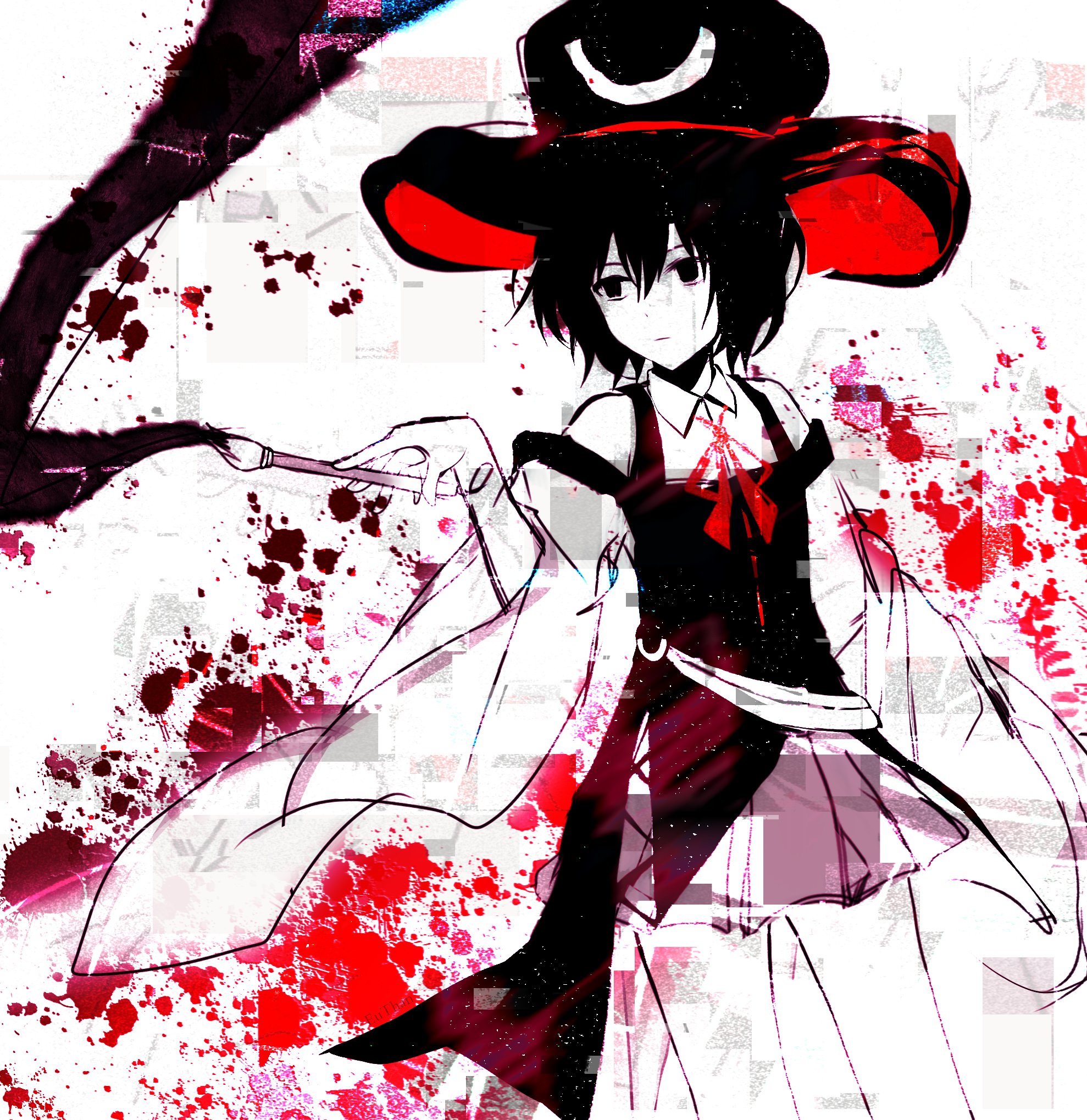 1other androgynous black_coat black_eyes black_hair black_hat blood blood_splatter calligraphy_brush closed_mouth coat coattails collared_shirt commentary cowboy_shot detached_sleeves dot_nose enraku_tsubakura euthan expressionless eye_of_senri glitch hair_between_eyes hakama hakama_short_skirt hakama_skirt hashtag-only_commentary hat highres holding holding_calligraphy_brush holding_paintbrush ink japanese_clothes len'en liquid_from_eyes long_sleeves looking_to_the_side neck_ribbon other_focus paintbrush painting_(action) purple_hakama red_hat red_ribbon ribbon ribbon-trimmed_coat ribbon_trim shirt short_hair skirt sleeveless sleeveless_coat sleeveless_shirt solo top_hat two-sided_fabric two-sided_headwear white_background white_shirt white_sleeves wide_sleeves