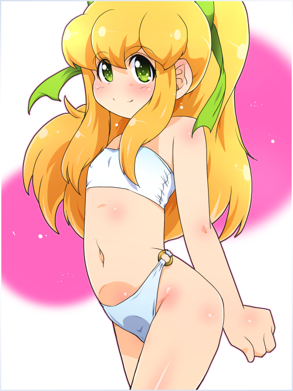 1girl arms_behind_back bikini blonde_hair clenched_hands flat_chest green_eyes long_hair mega_man_(classic) mega_man_(series) navel o-ring ponytail ribbon roll_(mega_man) ryuu_ryuu smile solo split_mouth strapless swimsuit thighs tube_top white_bikini white_tube_top