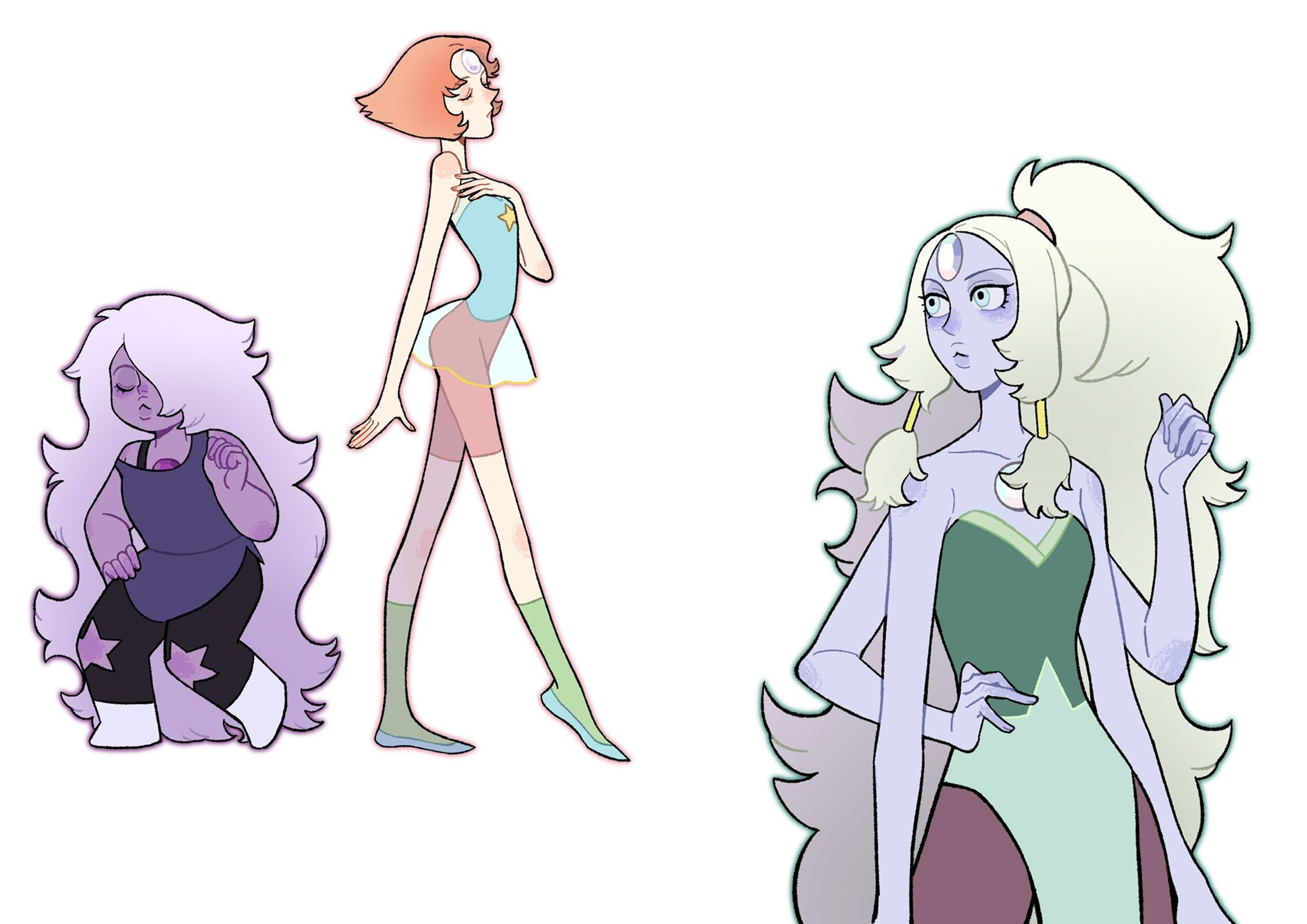 3girls amethyst_(steven_universe) closed_eyes colored_skin extra_arms flats highres long_hair multiple_girls opal_(steven_universe) pearl_(steven_universe) ponytail purple_hair purple_skin steven_universe very_long_hair white_hair ydktun
