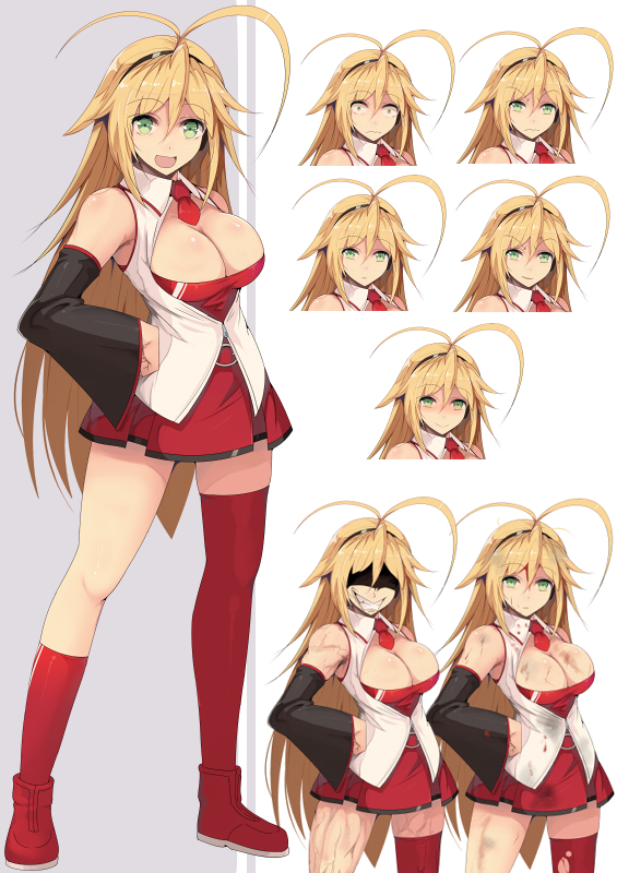 &gt;:( .d 1girl angry ankle_boots antenna_hair armpits asymmetrical_legwear bare_shoulders black_hairband blonde_hair blush boots breasts clenched_teeth cowboy_shot detached_sleeves dirty dirty_clothes dress multiple_expressions frown full_body green_eyes hair_between_eyes hairband hand_on_own_hip hidden_eyes kneehighs large_breasts legs_apart long_hair long_sleeves multiple_views necktie open_clothes open_mouth open_vest red_dress red_footwear red_neckwear sanpaku shaded_face short_necktie single_kneehigh single_sock single_thighhigh smug socks standing sts surprised teeth thighhighs tsurumaki_maki two-tone_background uneven_legwear upper_body v-shaped_eyebrows very_long_hair vest voiceroid white_vest wide_sleeves