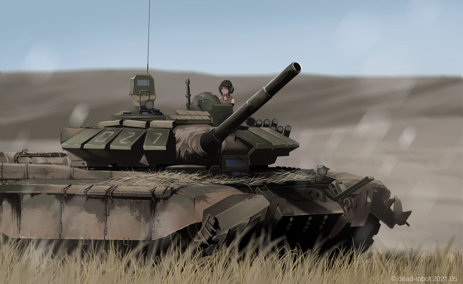 1girl 2021 antenna artist_name blue_eyes blue_hair camoflauge dead-robot grass hat hill military_hat military_vehicle motor_vehicle numbers original outdoors russian russian_ground_forces short_hair t-72b3 tank tank_gun tank_top tank_treads tank_turret vehicle