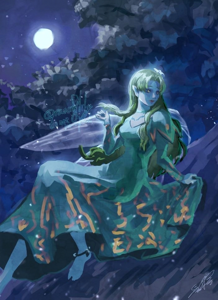 1girl blonde_hair commentary_request dress foot_out_of_frame full_moon green_dress long_dress long_hair moon night night_sky pointy_ears raven8lily shin_megami_tensei sky solo titania_(megami_tensei) yellow_eyes