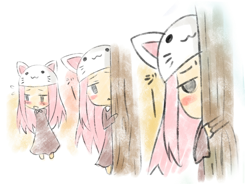 1girl :3 animal_hat blush cat_hat dress female_focus hat hiding ism ism_(inc) long_hair megurine_luka megurine_luka_(toeto) peeking_out pink_hair solo toeto_(vocaloid) vocaloid