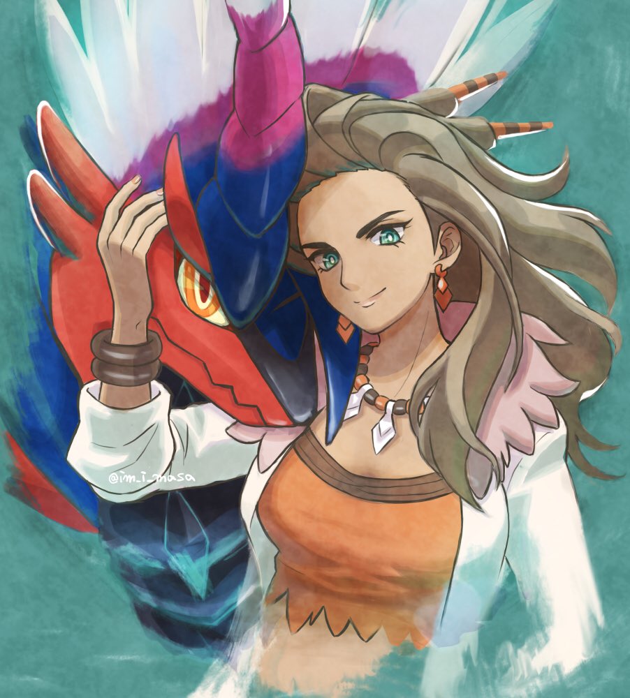 1girl bangle bracelet bright_pupils brown_hair closed_mouth coat commentary_request earrings eyelashes green_eyes hair_ornament hand_up im_i_masa jewelry koraidon long_hair necklace nintendo open_clothes open_coat orange_shirt pokemon pokemon_(creature) pokemon_sv professor_sada shirt smile upper_body white_coat white_pupils