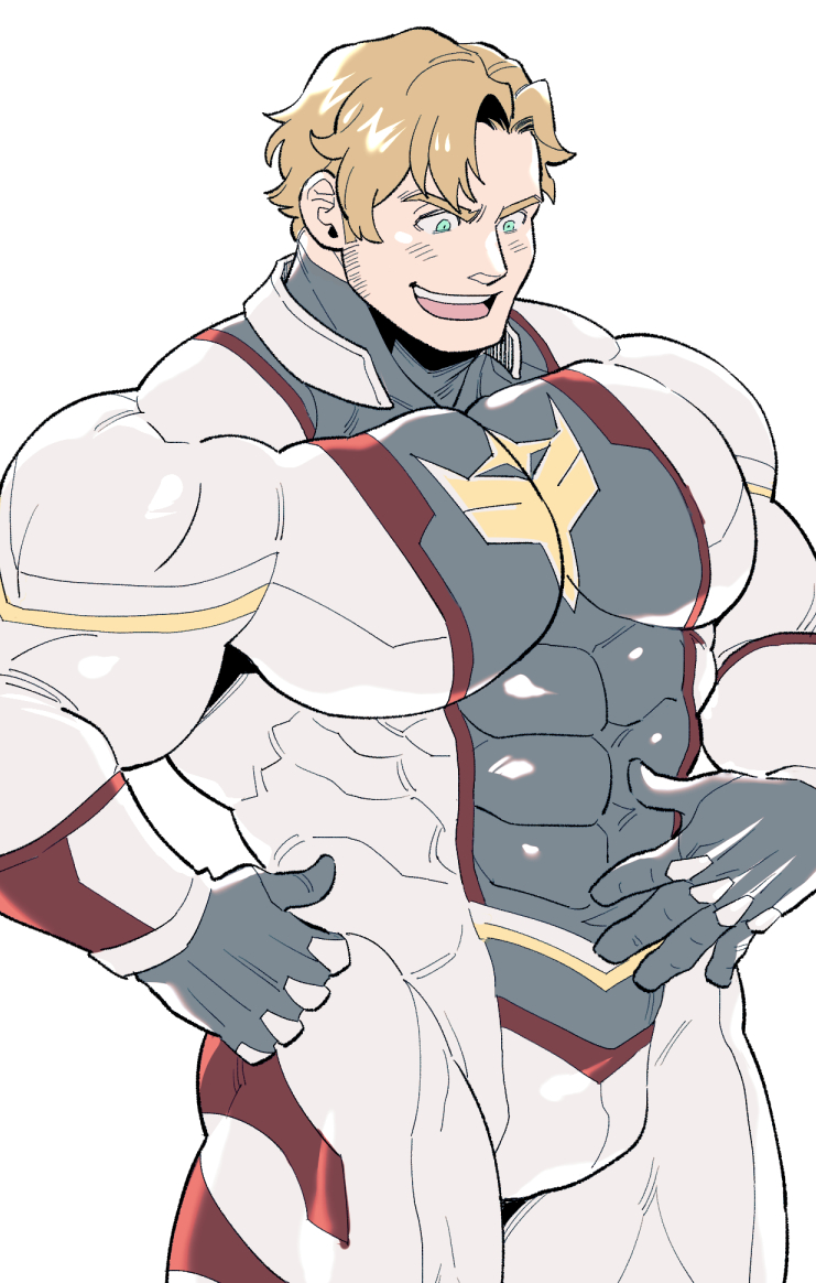 1boy alternate_muscle_size aqua_eyes bara blonde_hair bodysuit commentary_request covered_abs covered_pectorals facial_hair impossible_bodysuit impossible_clothes large_pectorals lewis_smith male_focus mecha_pilot_suit muscular muscular_male pectorals sekijaku short_hair sideburns_stubble simple_background solo stubble variant_set white_background yuuki_bakuhatsu_bang_bravern