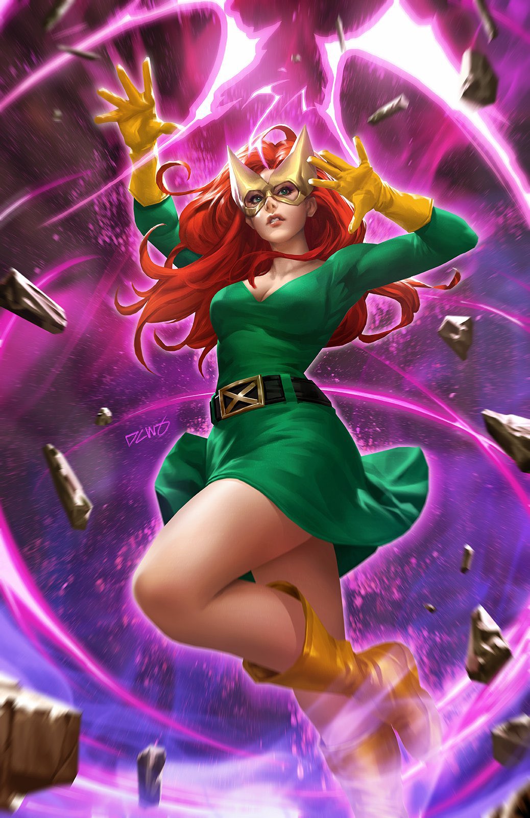 1girl alternate_costume belt black_belt boots breasts cleavage dcwj debris dress gloves green_dress green_eyes highres jean_grey long_hair marvel marvel_girl mask medium_breasts red_hair signature solo telekinesis x-men yellow_boots yellow_gloves