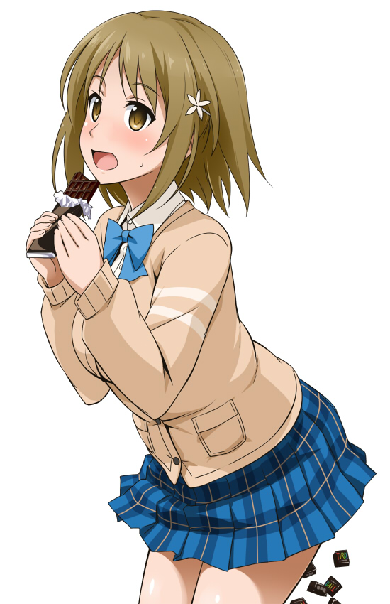 10s 1girl blush bow brown_eyes cardigan chocolate female_focus hair_ornament idolmaster idolmaster_cinderella_girls mimura_kanako open_mouth plaid school_uniform short_hair simple_background skirt solo sweat youkan