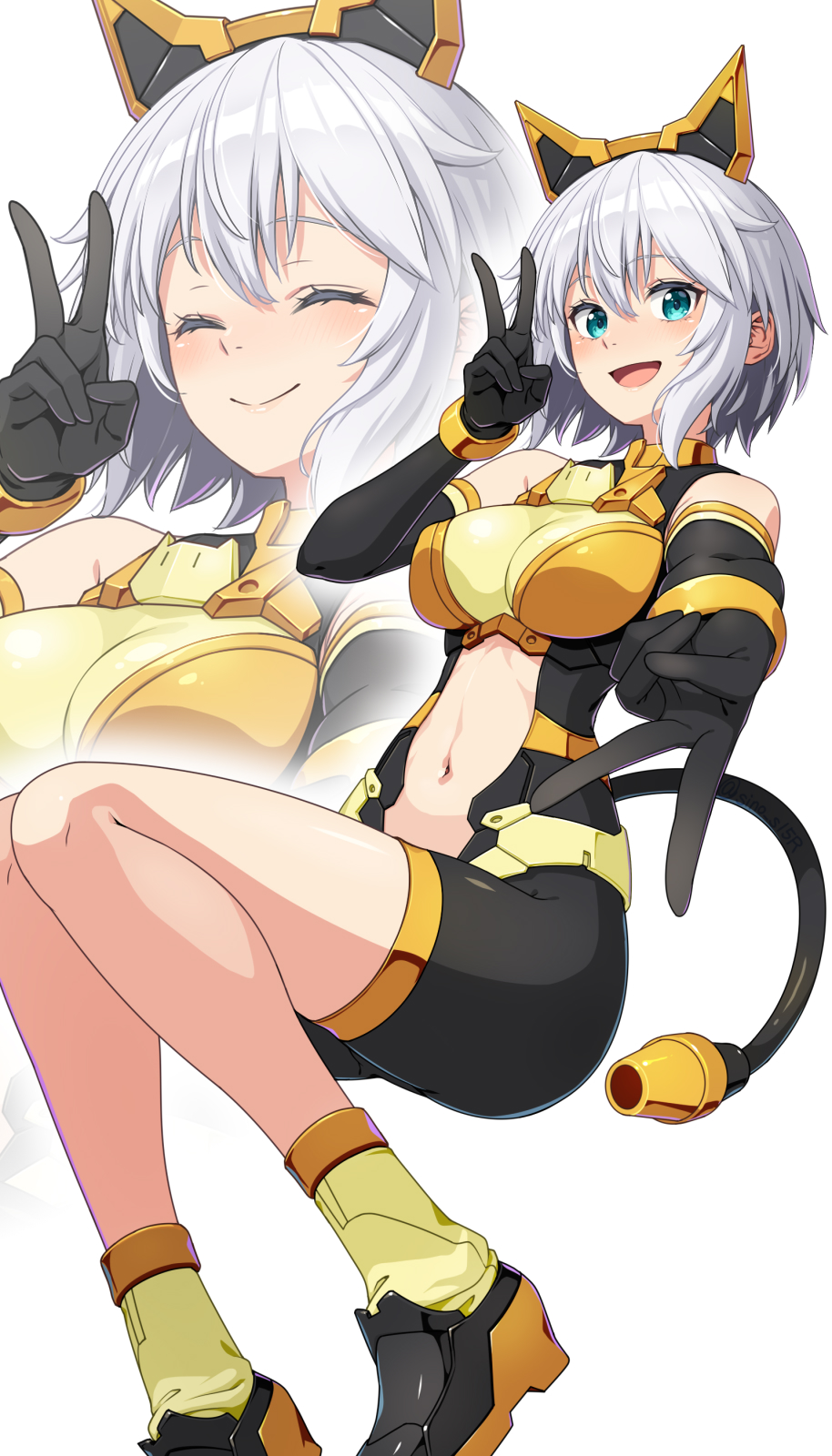 1girl 30_minutes_sisters black_bodysuit black_gloves black_shoes blue_eyes blush bodysuit breasts commentary_request elbow_gloves freesia_wear full_body gloves grey_hair hair_between_eyes highres looking_at_viewer masaki_shino mechanical_tail medium_breasts navel open_bodysuit open_clothes open_mouth rishetta_(30ms) shoes short_hair simple_background socks solo tail v white_background yellow_socks zoom_layer