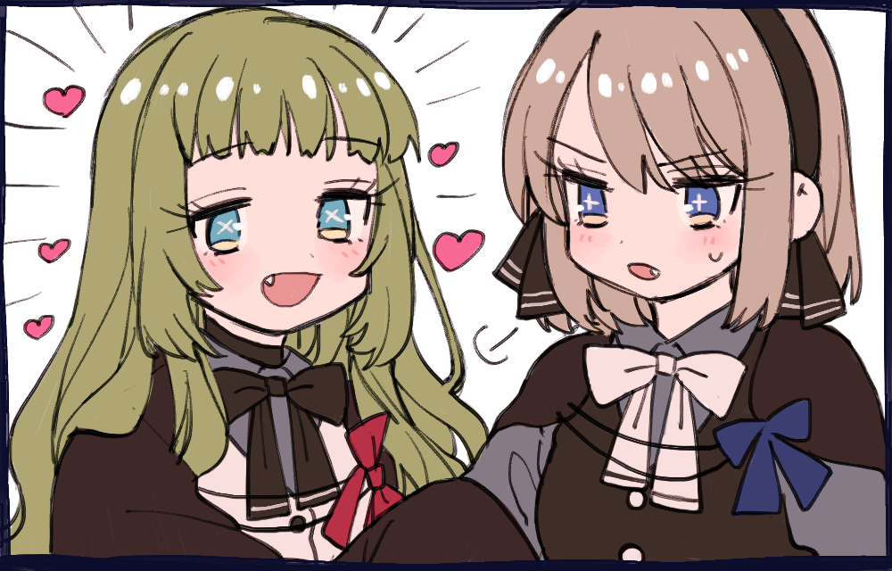 2girls amane_(7783) black_bow black_bowtie black_hairband blue_eyes blush bow bowtie brown_hair commentary_request cross-shaped_pupils fang green_hair hairband long_hair multiple_girls open_mouth original short_hair symbol-shaped_pupils upper_body white_background white_bow white_bowtie x-shaped_pupils