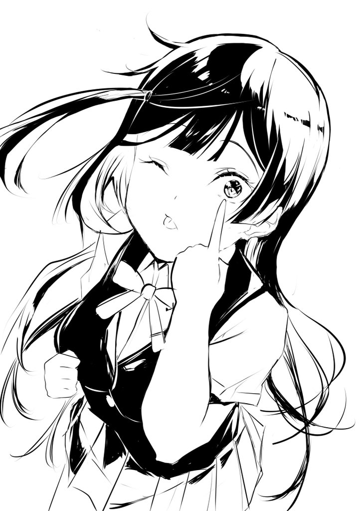 1girl akanbe collared_shirt commentary_request eyelid_pull greyscale long_hair looking_at_viewer love_live! love_live!_nijigasaki_high_school_idol_club monochrome neck_ribbon nijigasaki_school_uniform one_eye_closed one_side_up pleated_skirt ribbon school_uniform shirt short_sleeves sidelocks skirt solo summer_uniform tommer tongue tongue_out upper_body vest white_background yuki_setsuna