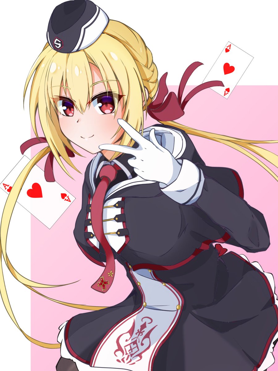 1girl ace_(playing_card) ace_of_hearts arihara_nanami black_capelet black_dress black_hat blonde_hair blush capelet card closed_mouth commentary_request cowboy_shot dress eyes_visible_through_hair floating_card garrison_cap gloves hair_between_eyes hair_ribbon hand_up hat heart highres long_hair long_sleeves looking_at_viewer low_twintails necktie pink_background playing_card red_eyes red_necktie red_ribbon ribbon riddle_joker simple_background smile solo sora_umi_ao split_mouth twintails two-tone_background v very_long_hair white_background white_gloves