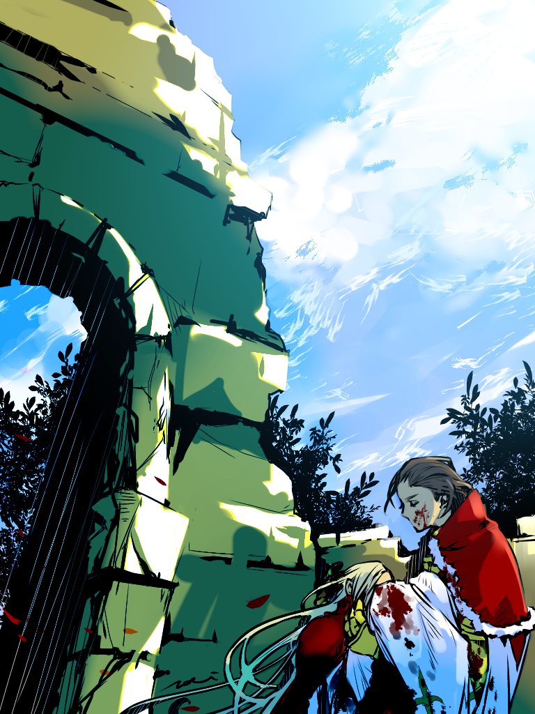 1boy 1girl armor autumn_leaves blonde_hair blood blood_on_clothes blood_on_face blue_sky brown_hair closed_eyes cloud death delita_heiral dress final_fantasy final_fantasy_tactics holding leaf lifting_person long_hair mochi_(hanamaruudondesu) ovelia_atkascha red_robe robe ruins signature sky tree white_dress yellow_armor