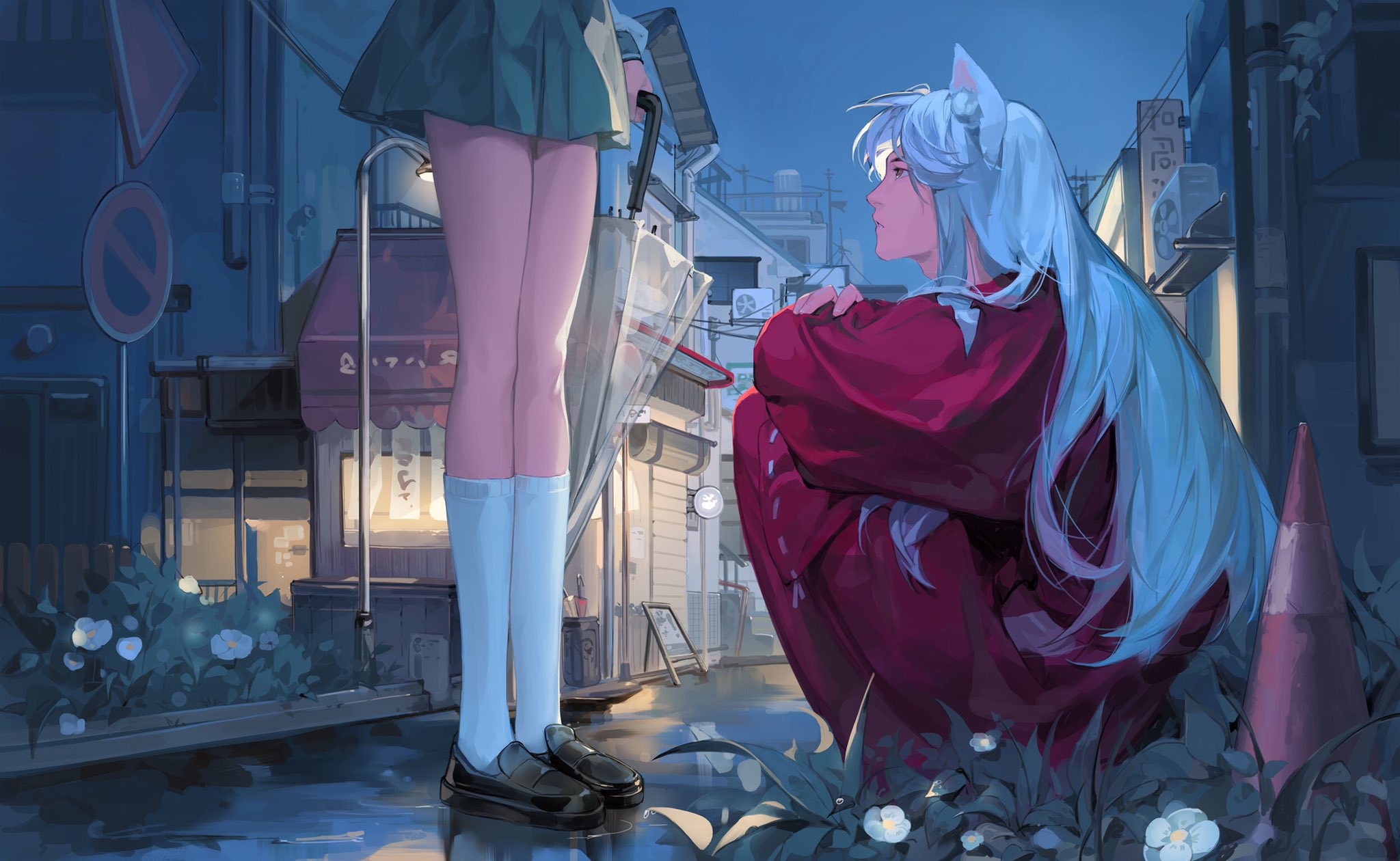 1boy 1girl animal_ears black_shoes city dog_boy dog_ears flower full_body green_skirt hakama highres higurashi_kagome holding holding_umbrella hugging_own_legs inuyasha inuyasha_(character) japanese_clothes lamppost loafers long_hair looking_at_another orange_eyes outdoors pants red_hakama red_pants red_shirt road_sign school_uniform shirt shoes sign skirt socks squatting traffic_cone transparent transparent_umbrella umbrella white_flower white_hair white_shirt white_socks wide_sleeves yangcancan10