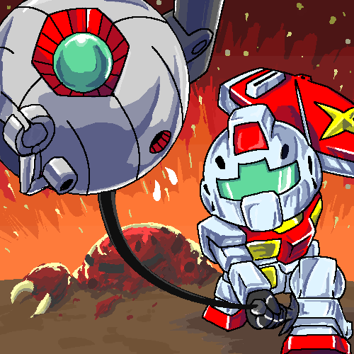 ball_(gundam) chibi damaged gm_(mobile_suit) gradient_background gundam lowres matirine mecha mobile_suit_gundam robot shield z&#039;gok