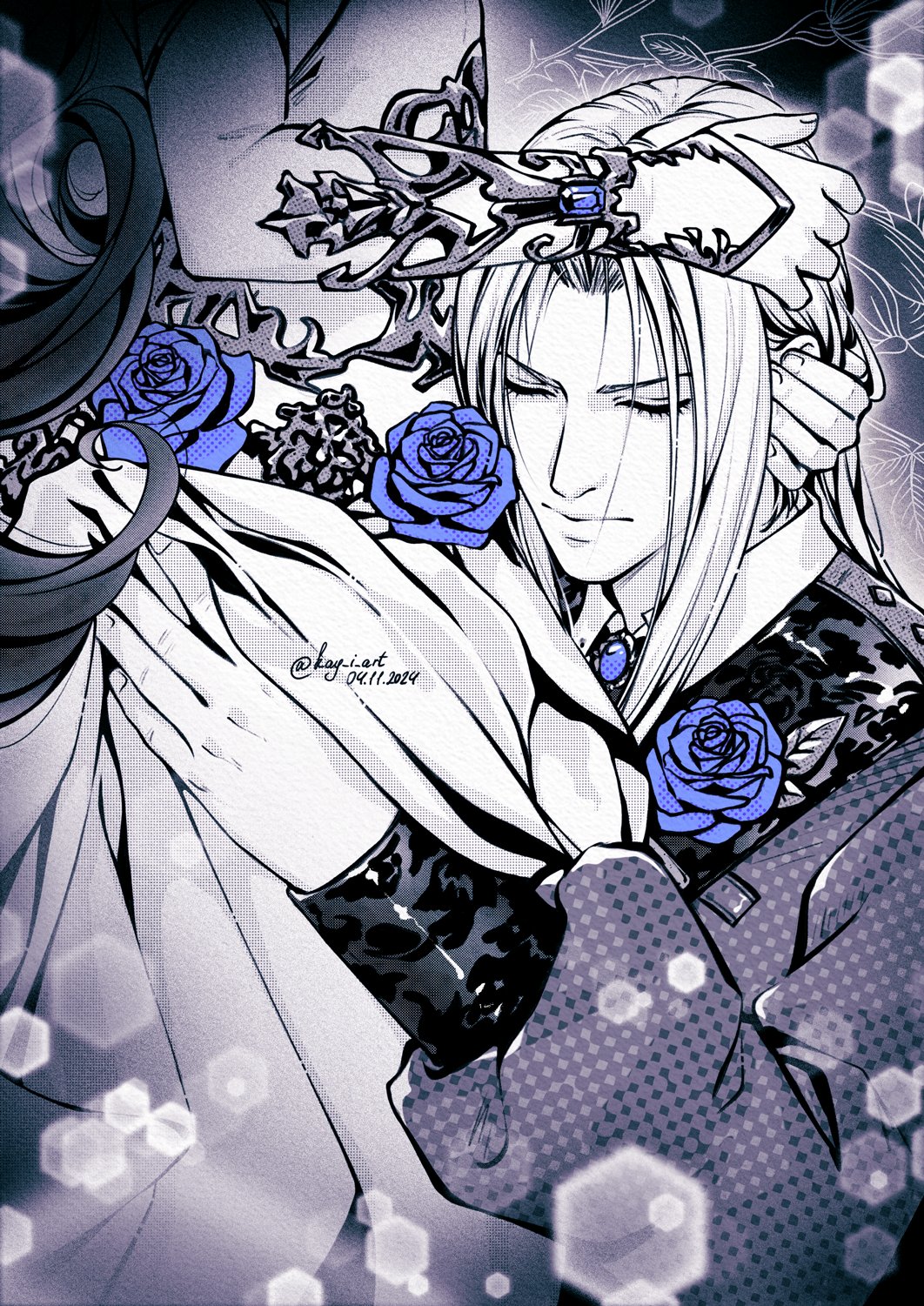1boy 1girl aerith_gainsborough aerith_gainsborough_(prism_dress) aristocratic_clothes blue_flower blue_rose closed_eyes dress dress_flower final_fantasy final_fantasy_vii final_fantasy_vii_ever_crisis final_fantasy_vii_remake flower highres hug kay-i long_dress long_hair low_ponytail official_alternate_costume ponytail rose sephiroth sephiroth_(dark_attire) white_dress