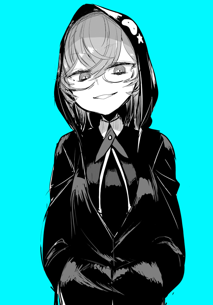 1girl blue_background commentary_request daito_academy_school_uniform glasses hair_between_eyes hands_in_pocket hood hood_up hooded_jacket jacket kazari_jun ken_(koala) long_sleeves looking_at_viewer magia_record:_mahou_shoujo_madoka_magica_gaiden mahou_shoujo_madoka_magica monochrome school_uniform short_hair simple_background smile solo upper_body