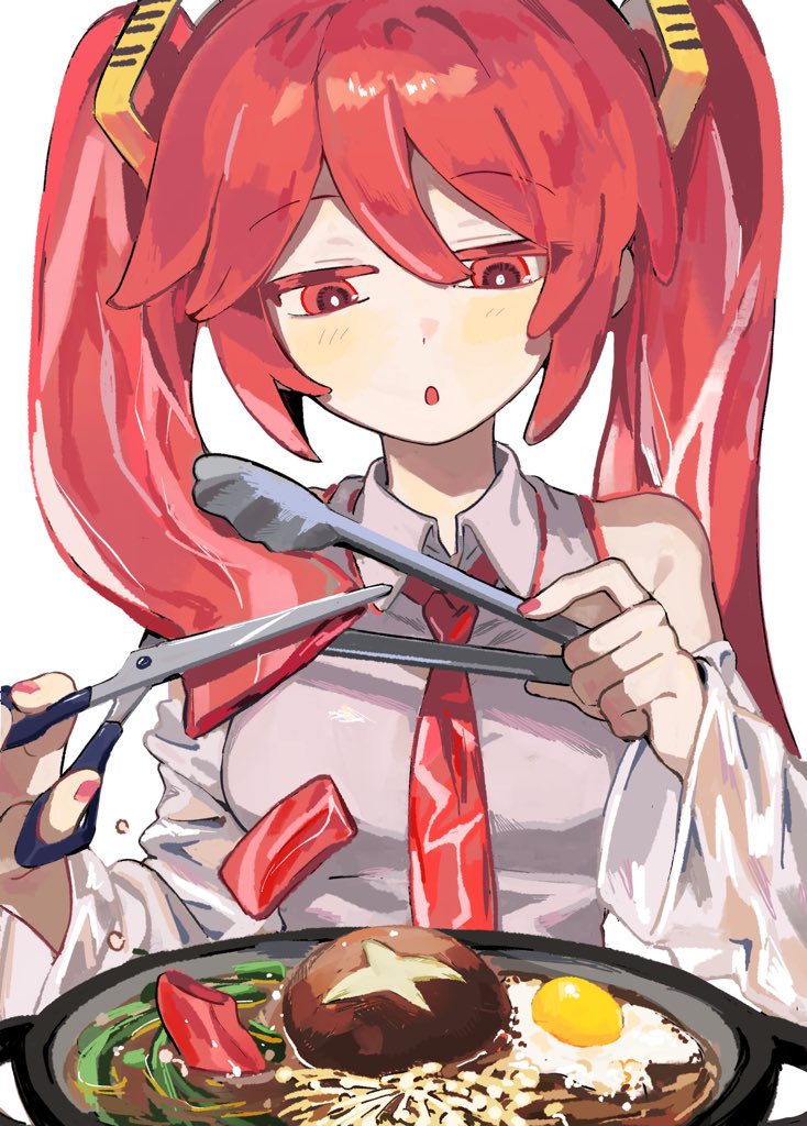 bare_shoulders cutting_hair cutting_own_hair detached_sleeves egg food food-themed_clothes food-themed_hair hatsune_miku holding holding_scissors holding_tongs long_hair long_sleeves mushroom nabe niku_miku_(nankai) open_mouth raw_meat red_eyes red_hair samsap scissors shiitake shirt simple_background sukiyaki tongs twintails very_long_hair vocaloid white_background white_shirt